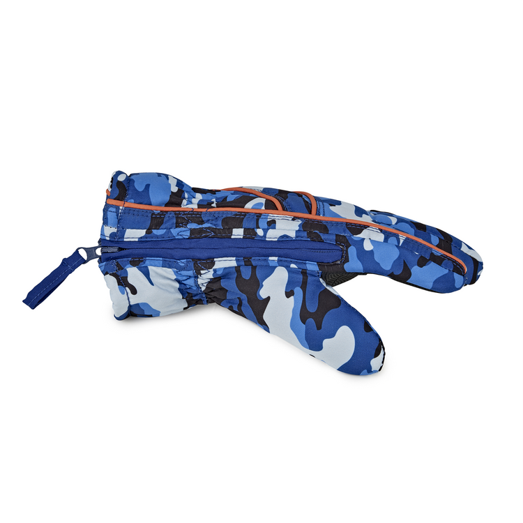 Blue camouflage belt with orange accents on a white background