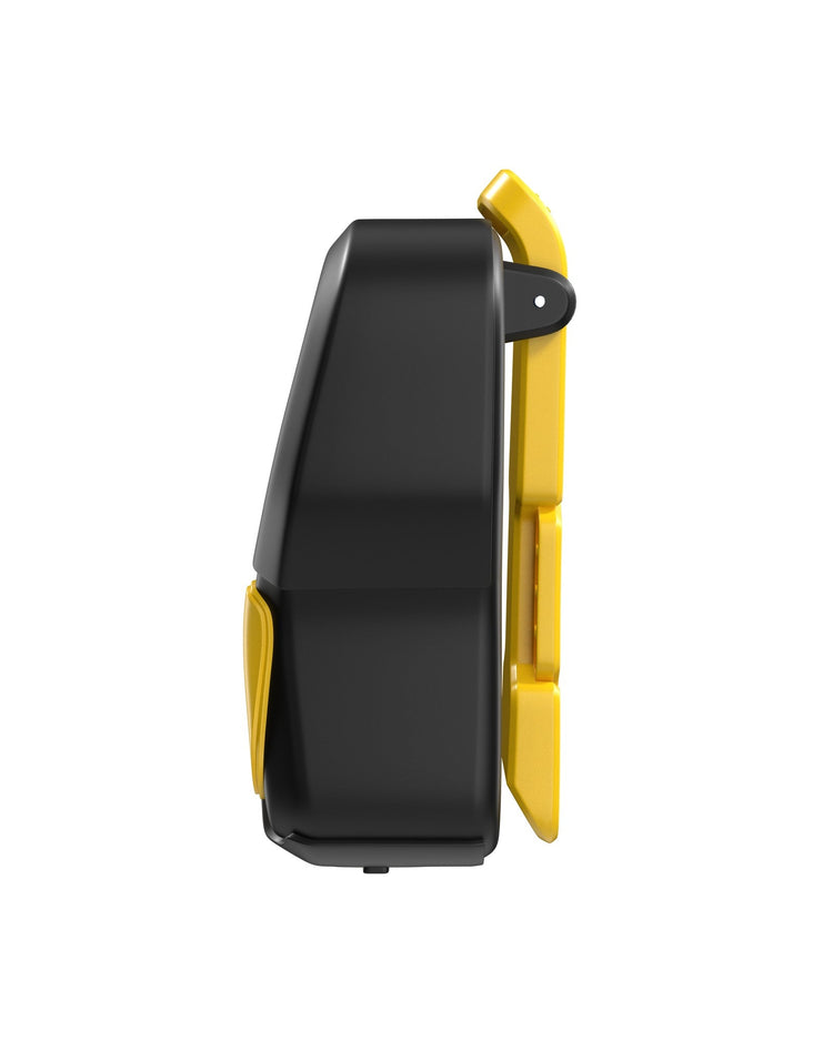 Black and yellow device on a white background