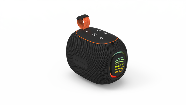 Black portable speaker with orange accents on a white background