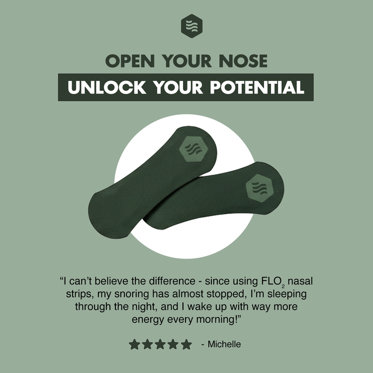 Advertisement for FLO nasal strips with text on a green background