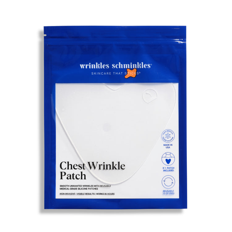 A packaged Chest Wrinkle Patch by Wrinkles Schminkles, with the product visible through a clear window on a blue background.