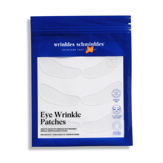 A blue packaged product labeled 'Eye Wrinkle Patch' by wrinkles schminkles, indicating it is a beauty product designed to treat fine lines around the eye area.