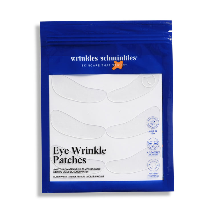 A blue packaged product labeled 'Eye Wrinkle Patch' by wrinkles schminkles, indicating it is a beauty product designed to treat fine lines around the eye area.