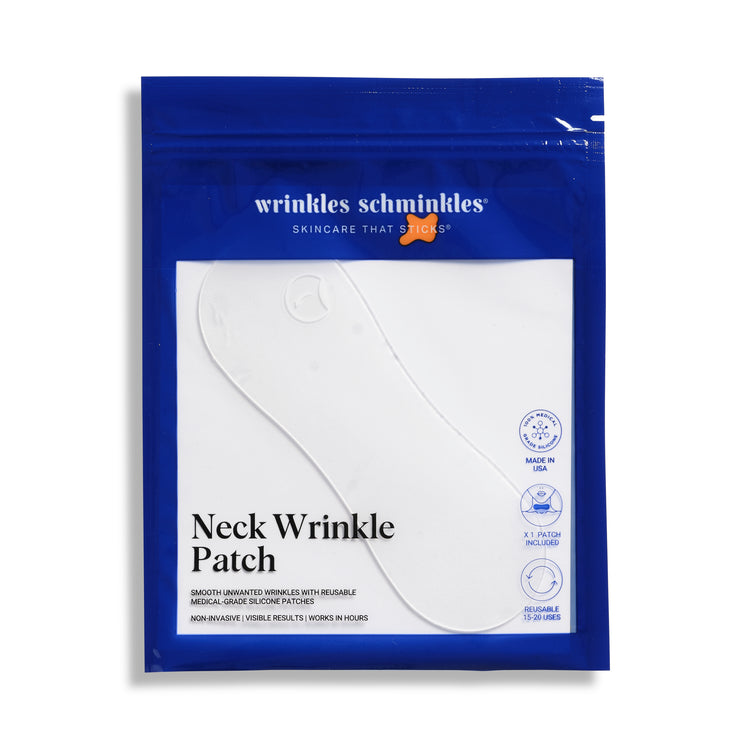 A Neck Wrinkle Patch product packaged in a blue pouch with a clear window displaying the white silicone patch inside.