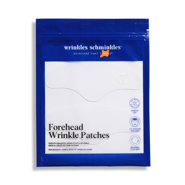 A blue packaged product labeled 'Forehead Wrinkle Patches' by wrinkles schminkles, featuring 2 reusable silicone patches for smoothing forehead wrinkles.