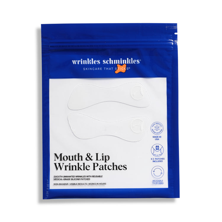 A blue packaged product labeled 'Wrinkles Schminkles Mouth & Lip Wrinkle Patch', which includes 2 patches for reducing wrinkles around the mouth.