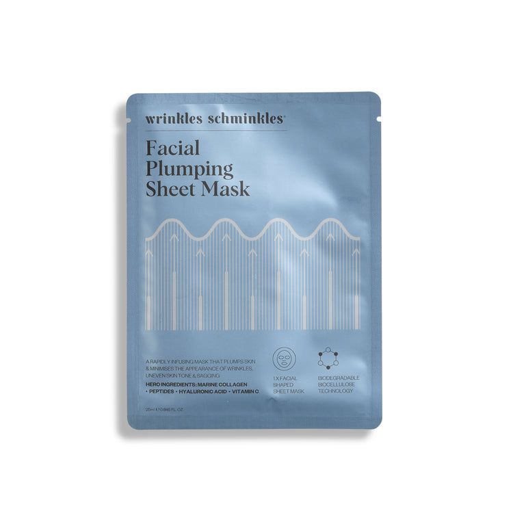 A packaged facial plumping sheet mask product with a blue color theme and branding visible on the packaging.