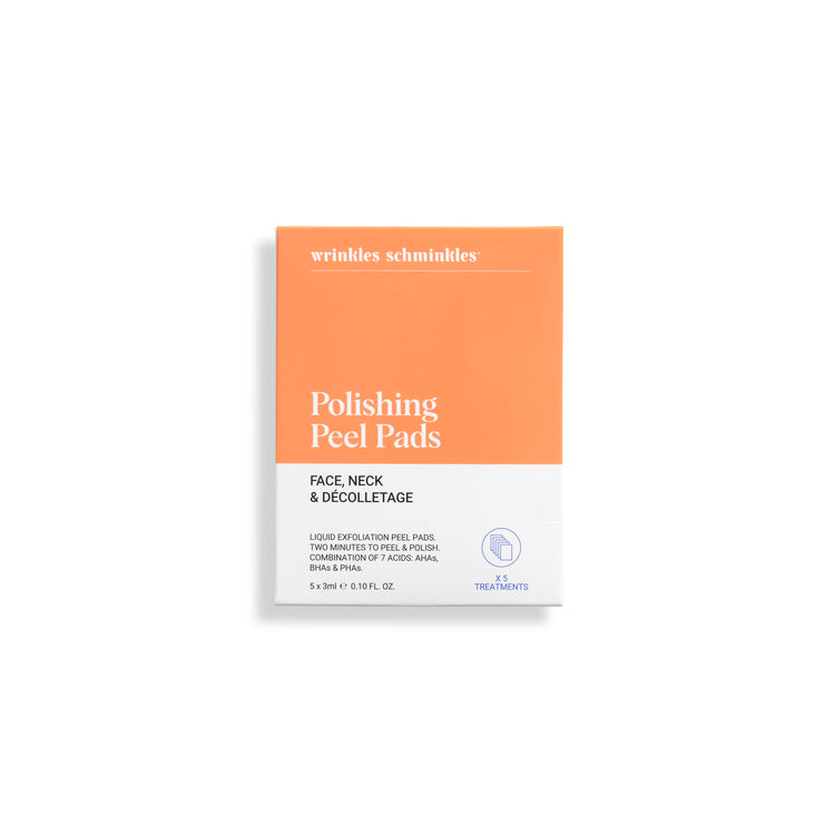 A packaged product labeled 'Polishing Peel Pads' for face, neck, and dec area, with branding and product information presented on the front.