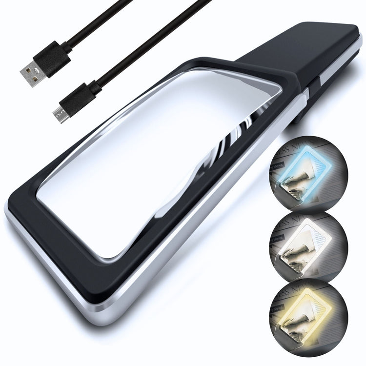 Rechargeable LED magnifying glass with three color modes, includes a micro USB cable. The magnifier is black with a clear rectangular lens at the center, and images show the device in different lighting modes.