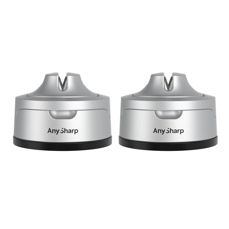 Two silver Any Sharp knife sharpener devices on a white background