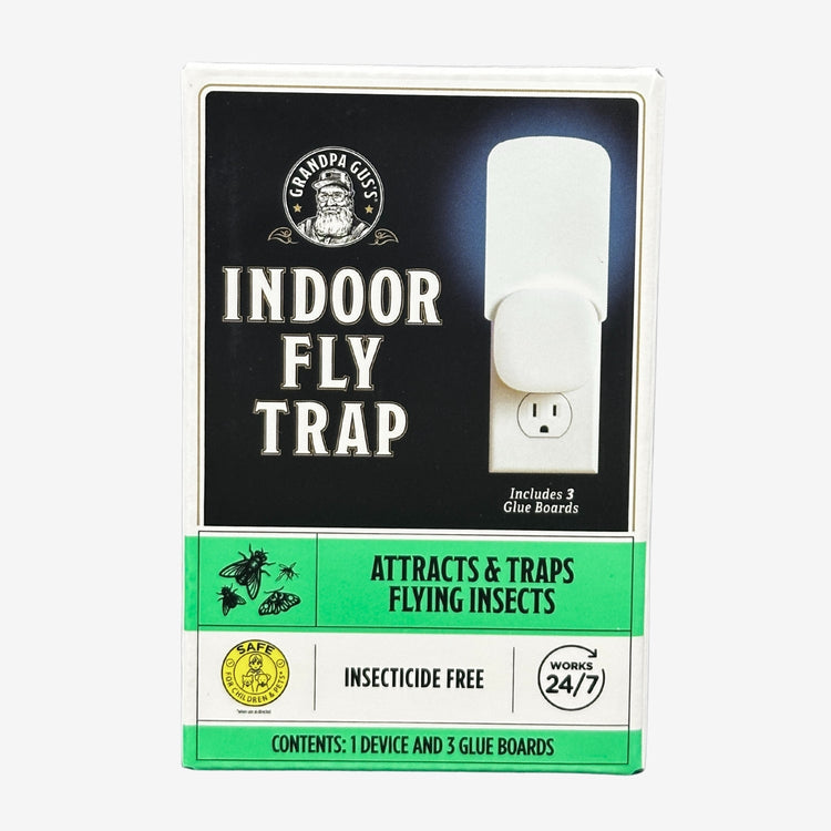 Indoor fly trap packaging with black, white, and green design on a white background