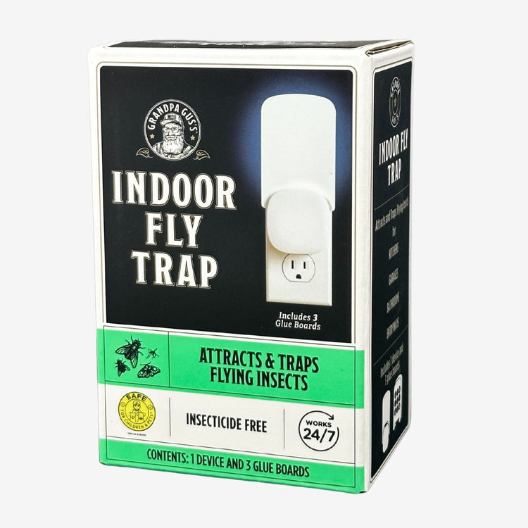 Box of indoor fly trap with packaging design resembling an electrical outlet.