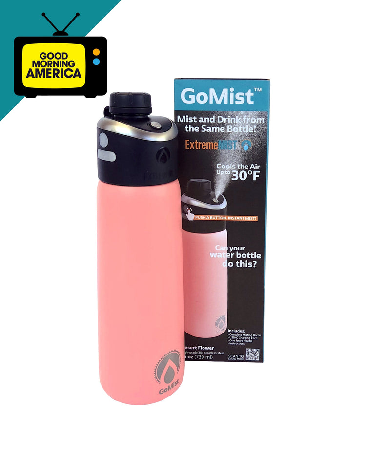 Pink water bottle with black cap and GoMist packaging on a white background