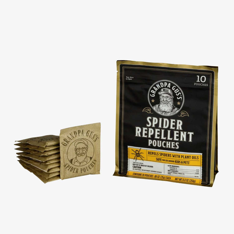 Grandpa Gus's Spider Repellent Pouches packaging on a white background
