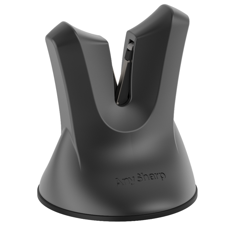 A black, professional knife sharpener with a suction cup base and a metallic blade.