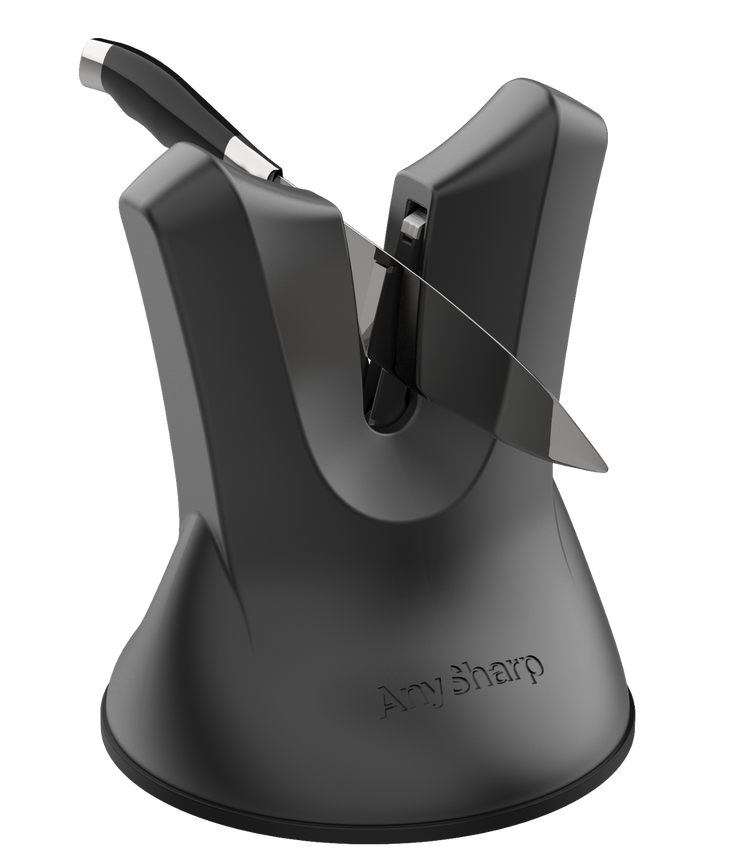 A black, professional knife sharpener with a suction cup base and a metallic blade.