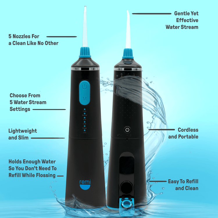 Two black and blue water flossers with features highlighted on a blue background