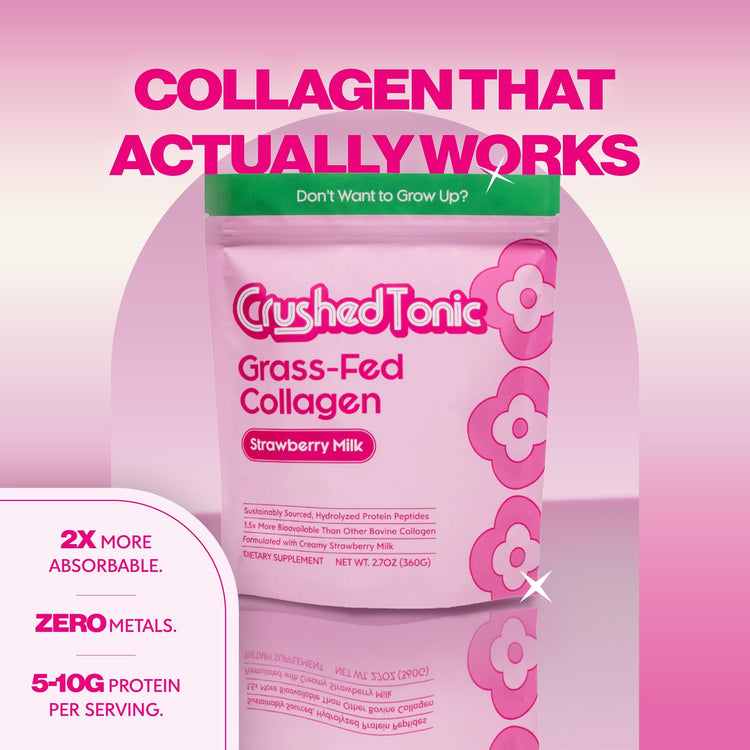 Package of Crushed Tonic Grass-Fed Collagen Strawberry Milk flavor on a pink background