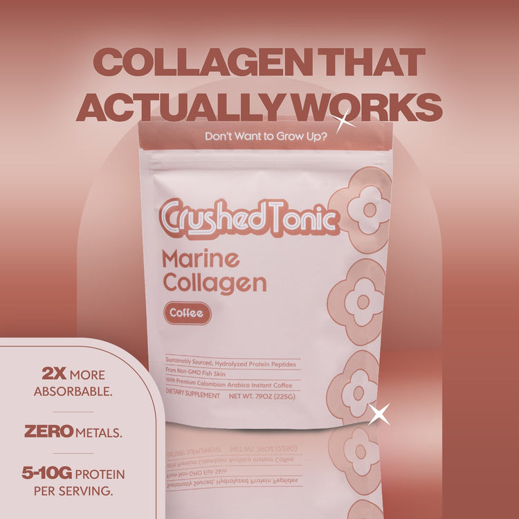 Package of Crushed Tonic Marine Collagen with promotional text on a pink background
