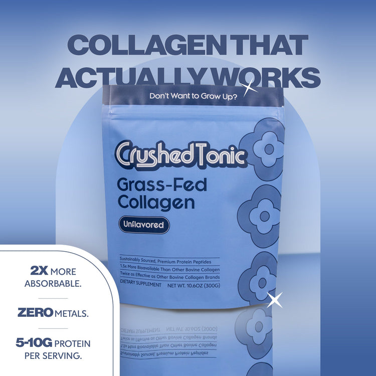 Package of Crushed Tonic Grass-Fed Collagen with promotional text on a blue background