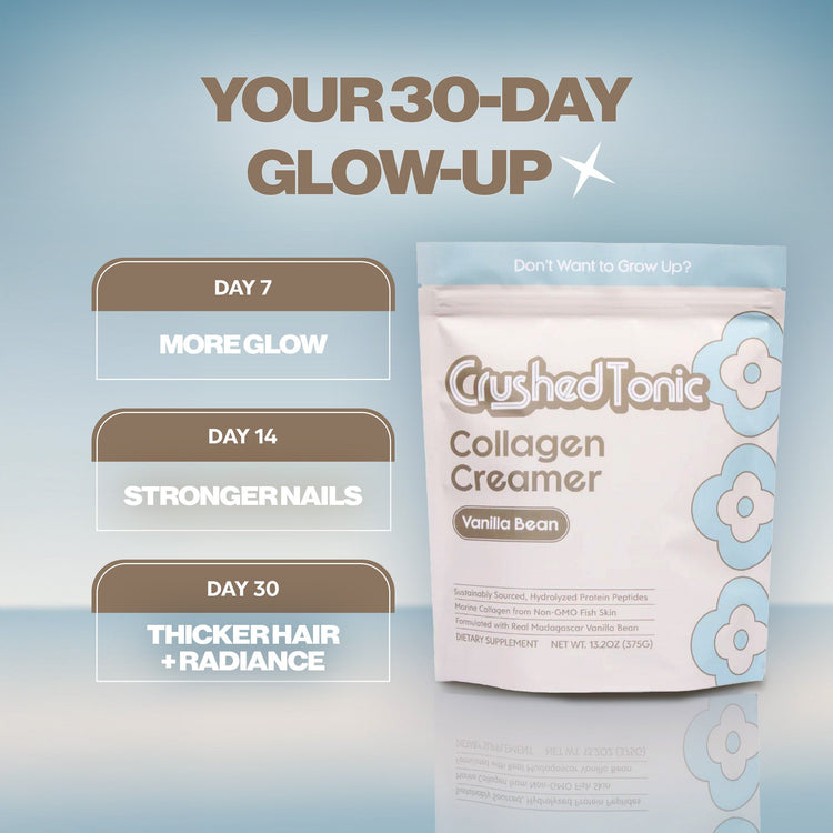Collagen creamer package with 30-day glow-up benefits on a gradient background