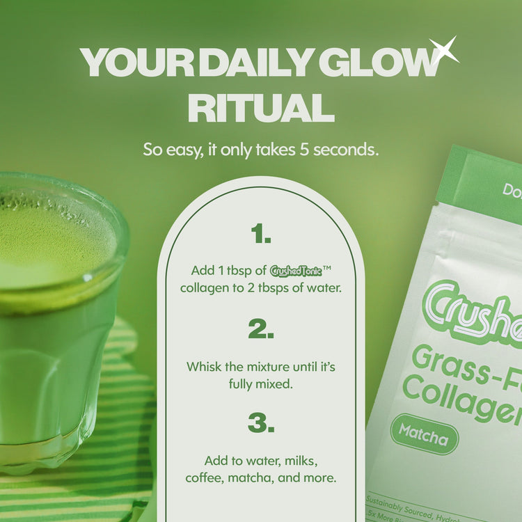 Green drink with a glass and 'Crush' collagen package on a green background, featuring a 'Your Daily Glow Ritual' text.