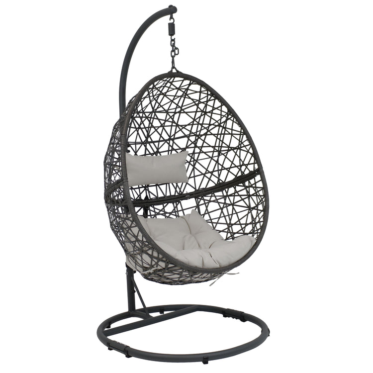 Sunnydaze Gray Caroline Hanging Egg Chair with Stand - Resin Wicker