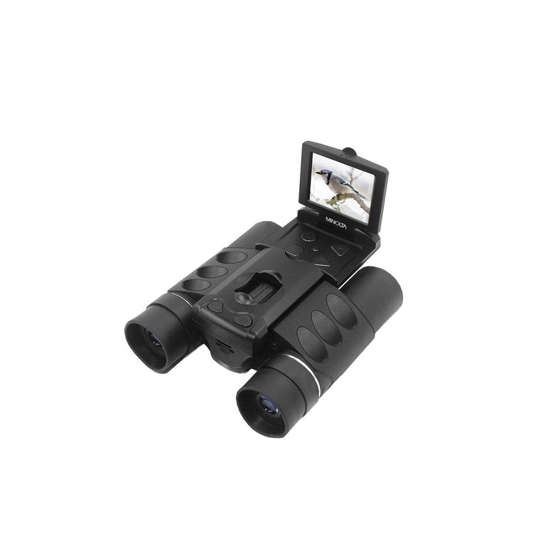 Black binoculars with digital screen displaying a bird on a white background