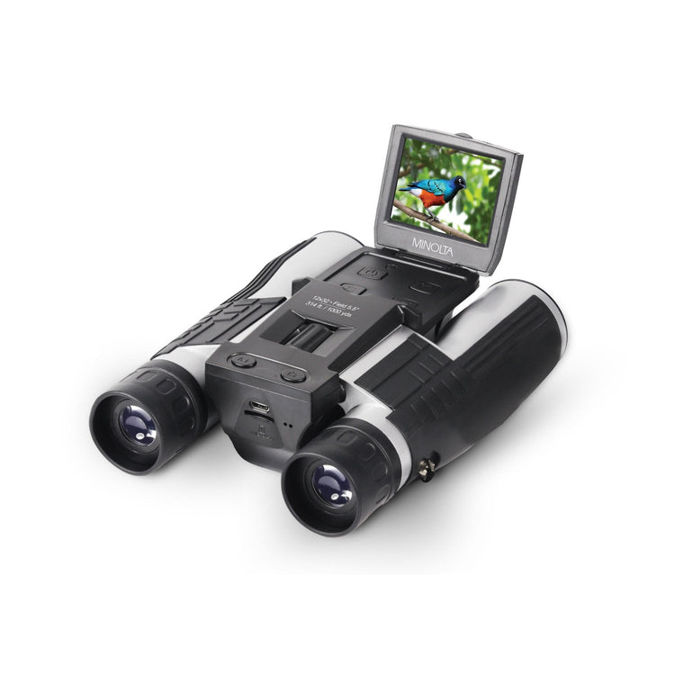 Digital binoculars with a small screen displaying an image of birds on a white background