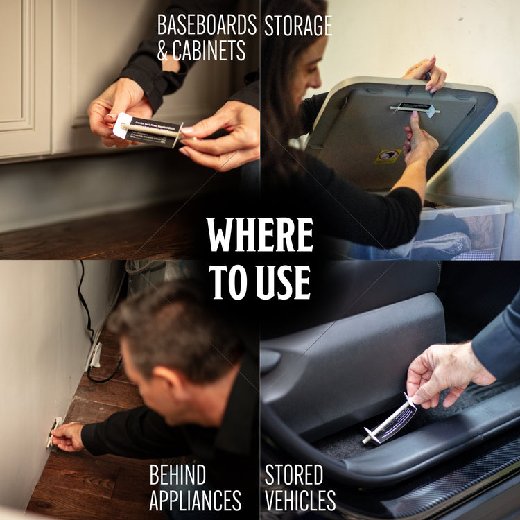 Collage showing various uses of a tool for baseboards, storage, cabinets, appliances, and vehicles.