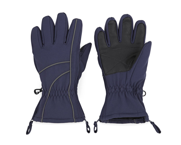 Pair of navy blue gloves with black lining on a white background