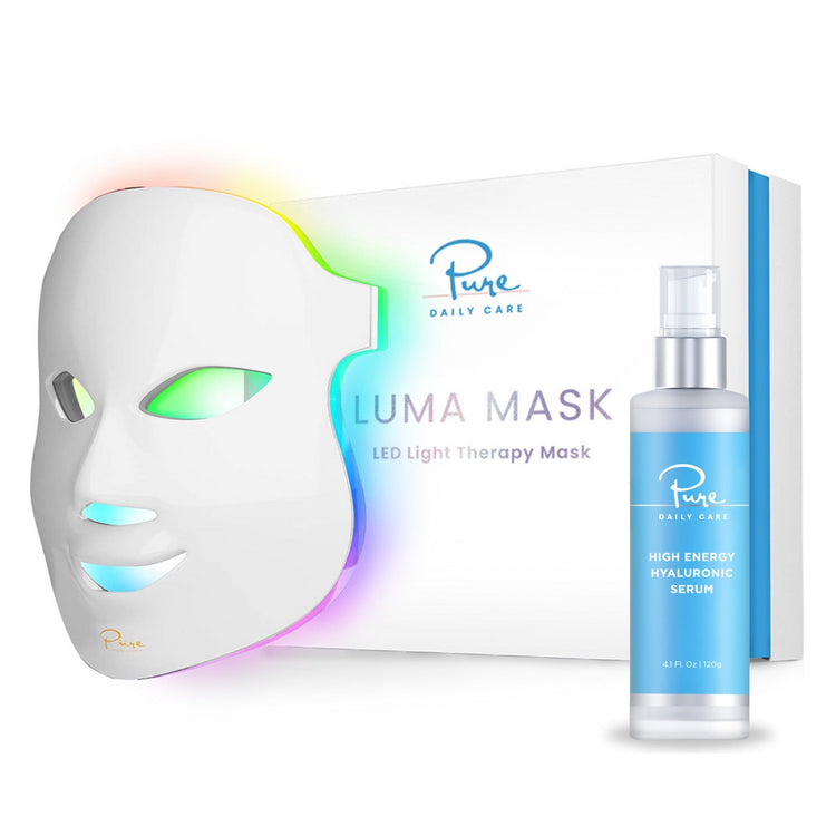 A LED light therapy facial mask and a bottle of high energy hyaluronic serum by Pure Daily Care, displayed with its packaging box.