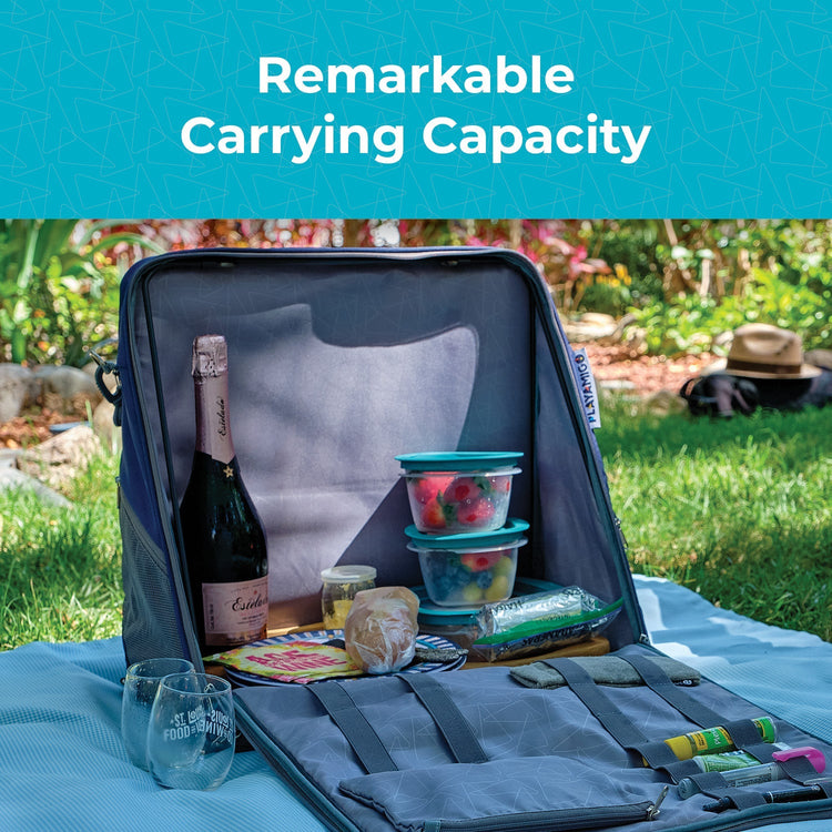 Open picnic bag with food items and a bottle on a grassy outdoor setting, emphasizing carrying capacity.
