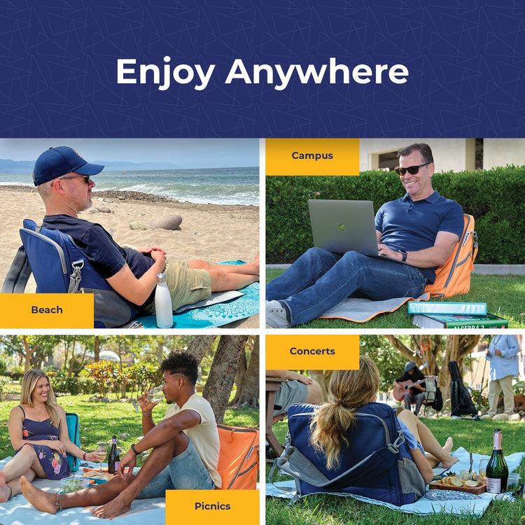Collage of people using outdoor chairs in various settings with 'Enjoy Anywhere' text.