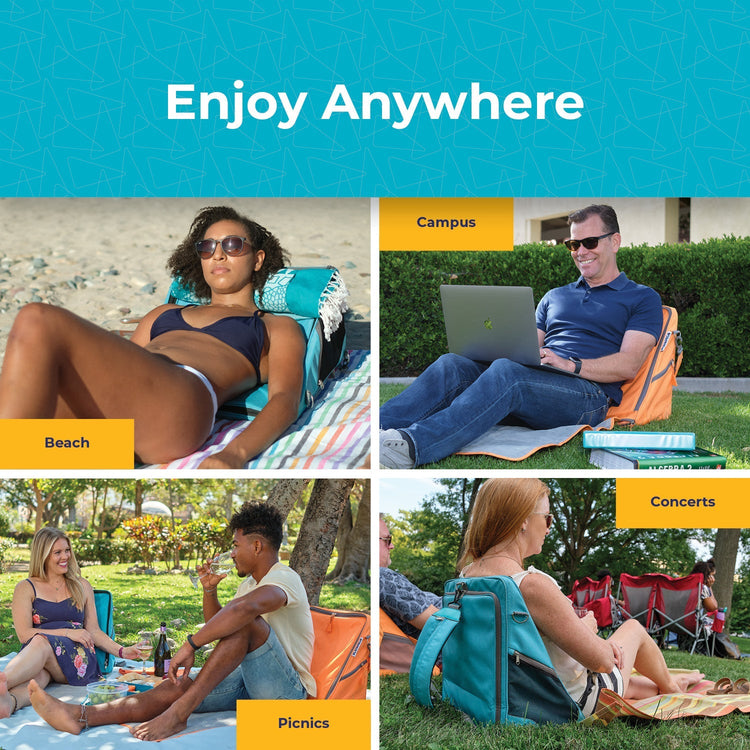 Collage of people using outdoor chairs in various settings with 'Enjoy Anywhere' text on a blue background.