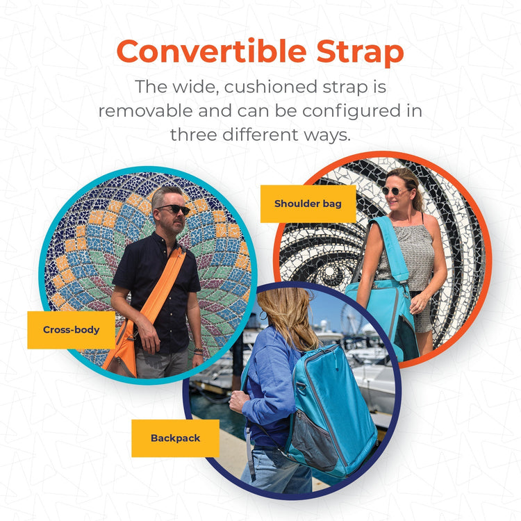 Promotional image of a convertible strap product with usage scenarios on a white background.