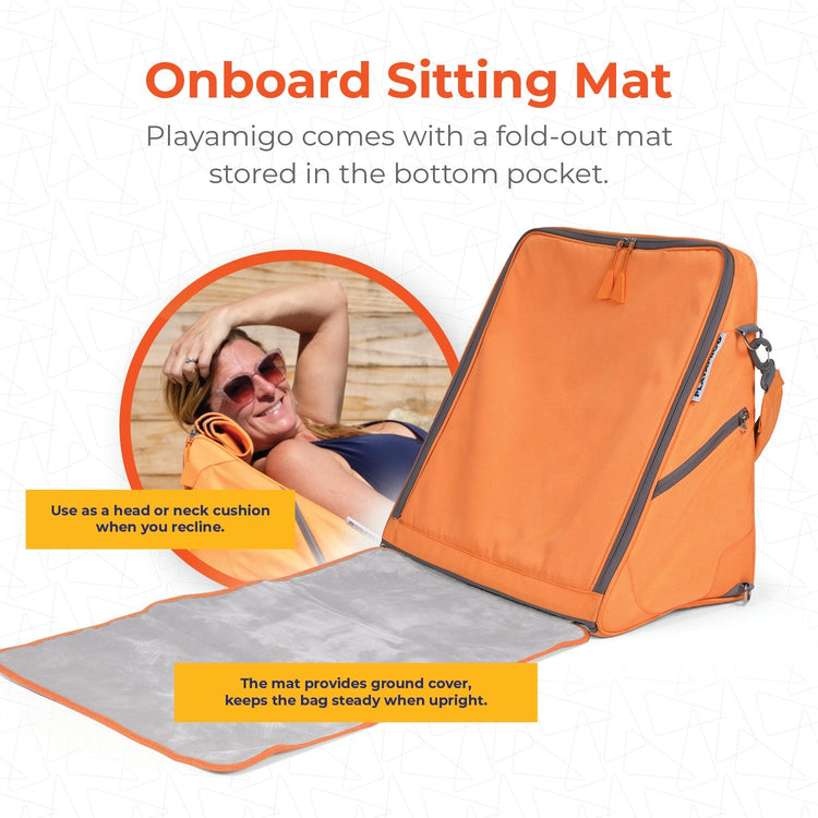 Orange backpack with a fold-out mat and text explaining its features