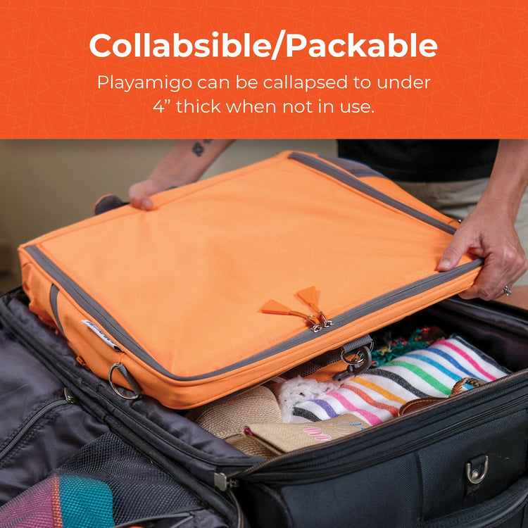 Orange collapsible pack being used to organize items in a suitcase with text about its collapsible nature.