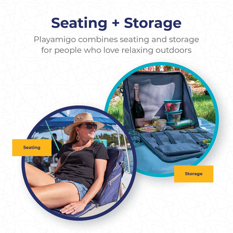 Product showcasing seating and storage solution with a woman sitting on a chair and a picnic setup.