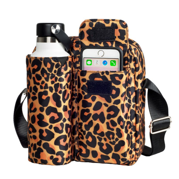 A collage of images showing a hydro excursion bag in various colors, with a person using a smartphone. The bags have a similar design with a front pocket and shoulder strap.