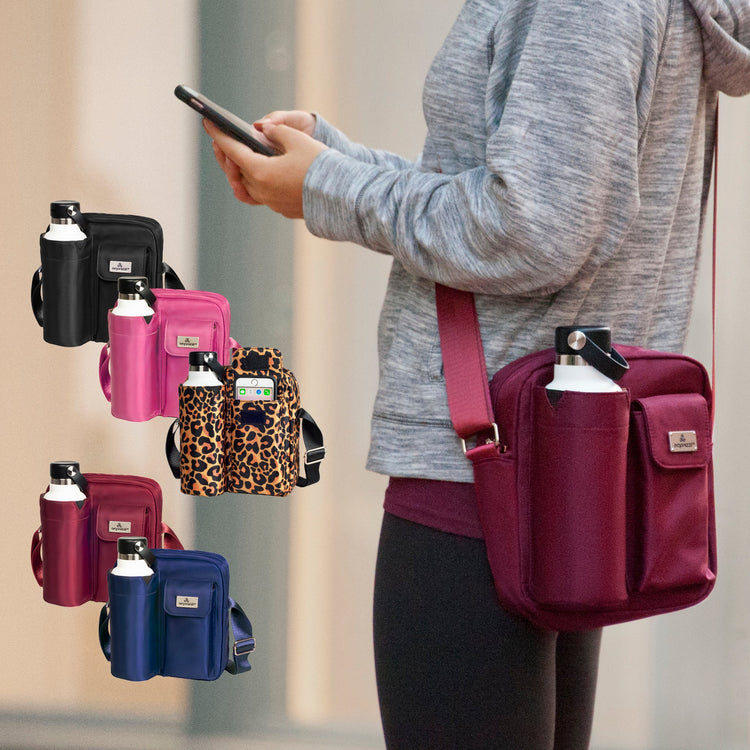 A collage of images showing a hydro excursion bag in various colors, with a person using a smartphone. The bags have a similar design with a front pocket and shoulder strap.