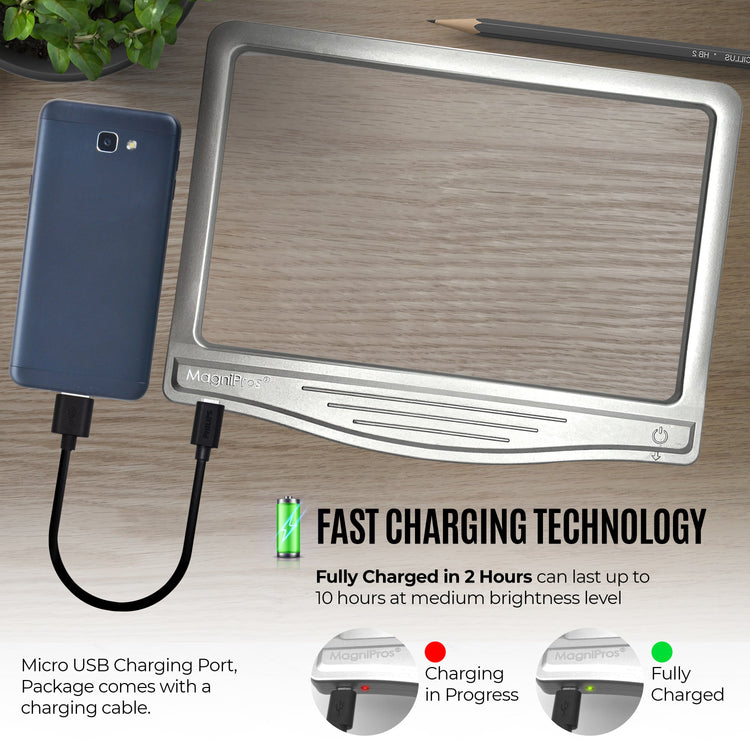 Tablet with a charging cable, showing fast charging technology on a wooden surface.