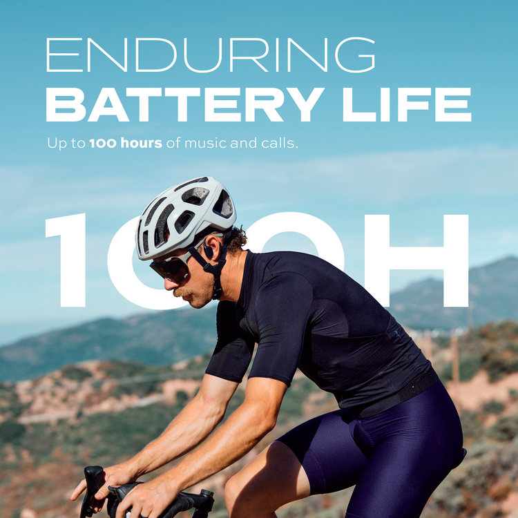 Person cycling with text about battery life on a scenic background