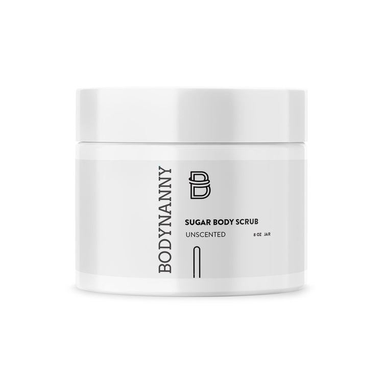 White jar of BODYNNY sugar body scrub on a white background