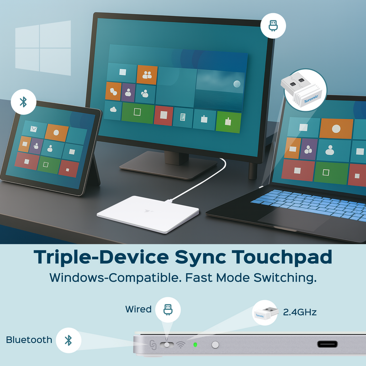 Triple-device sync touchpad with tablet, laptop, and monitor on a desk.