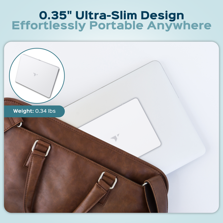 Laptop in a brown leather bag with text highlighting ultra-slim design and portability.