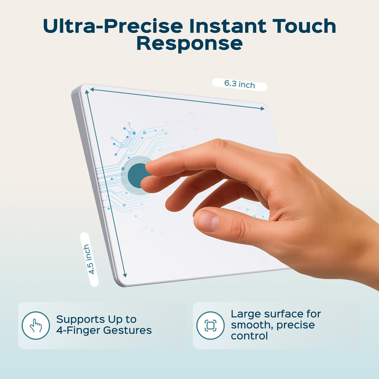 Hand interacting with a transparent tablet displaying touch response features on a light blue background.