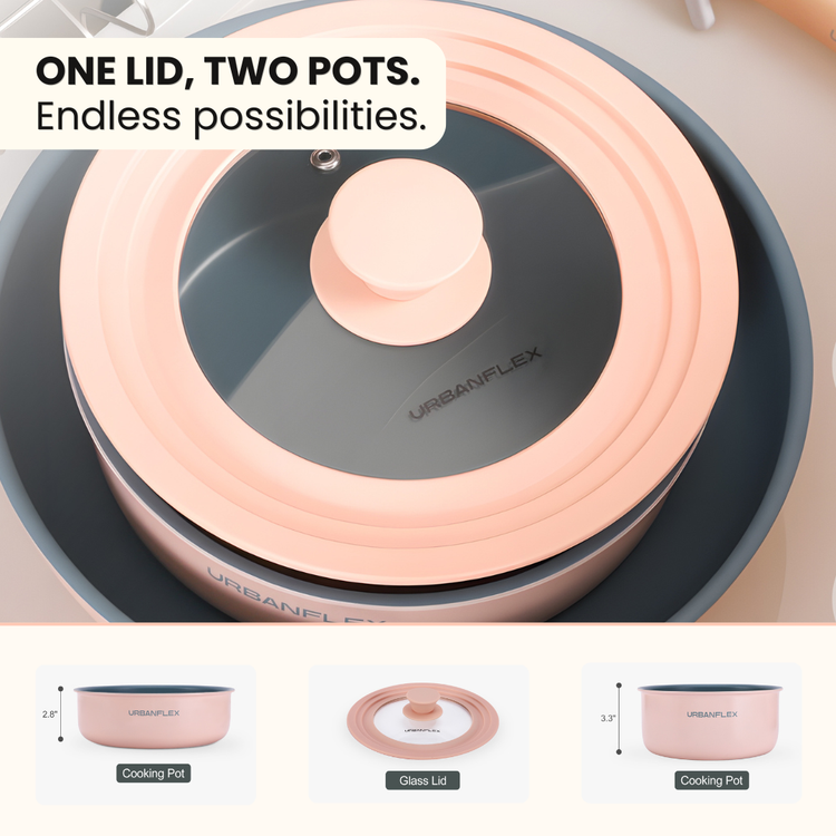 Two pots with a shared lid featuring Urbanflex branding, with text 'One Lid, Two Pots. Endless possibilities.'