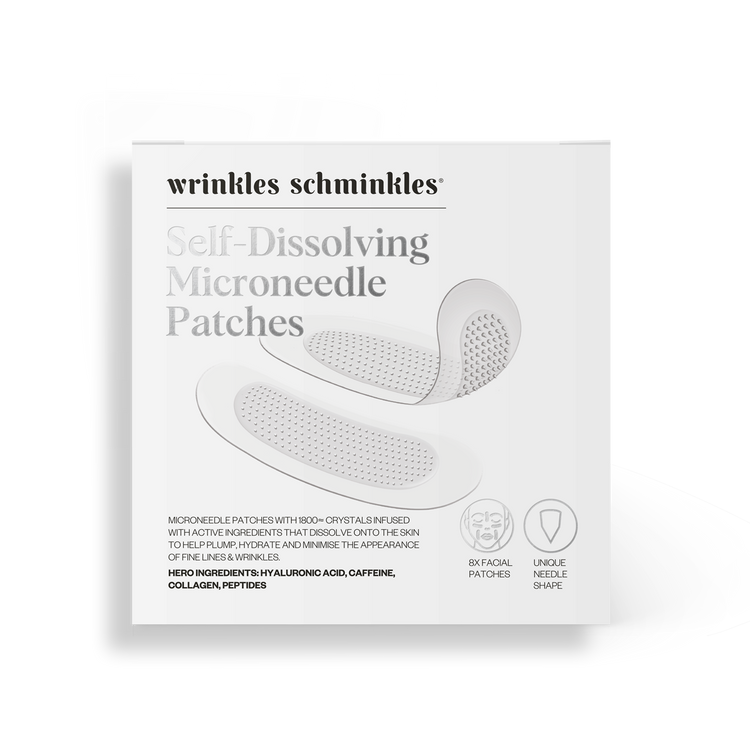 Packaging of Self-Dissolving Microneedle Patches by wrinkles schminkles, showing the product name and a brief description