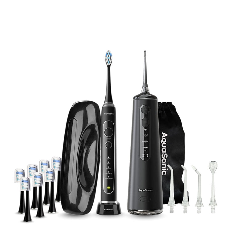 Black Aquasonic dental care product set with various attachments on a white background